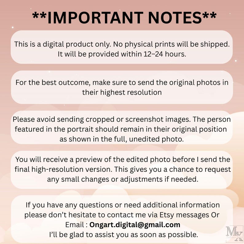 May include: A digital product notice with text in a light pink and white design. The text includes information about the product being digital, the delivery time, and instructions for sending photos. Contact information is also provided.