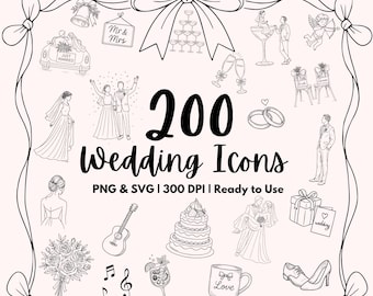 May include: Black and white line art of 200 wedding icons, including a bride, groom, rings, cake, and other wedding-related illustrations. The text "200 Wedding Icons" is prominently displayed.