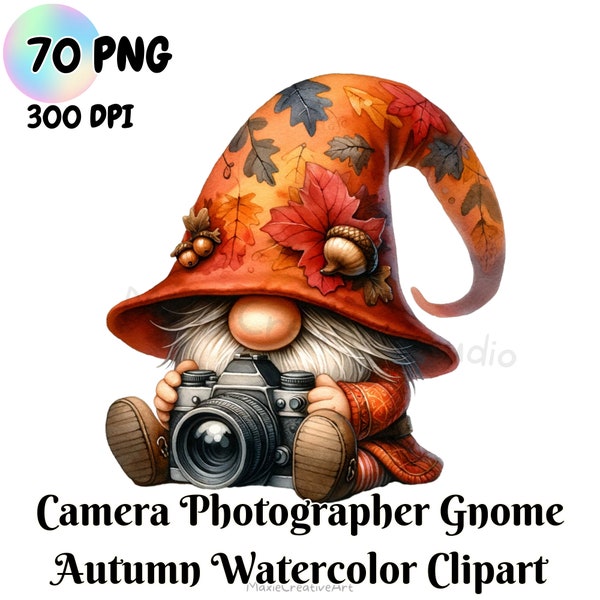 Camera Photographer Gnome Autumn Watercolor Clipart 70 PNG,Gnome lovers,Fall,Digital Image,Gnome Clip Art,Digital Card,Sublimation Printable