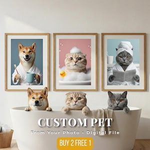 May include: Three framed prints of pets in a bathroom setting. A Shiba Inu dog in a robe holds a toothbrush and mug. A cat in a bubble bath with a rubber duck. A cat in a robe and towel reading a newspaper. The bottom of the image has the text "CUSTOM PET".