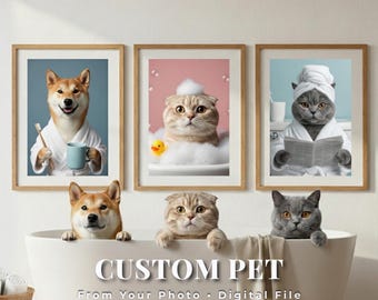 Custom Pet Portrait, Funny Bathroom Poster – Dog in Toilet Reading Newspaper, Pet Owner Gift, Printable Digital Download