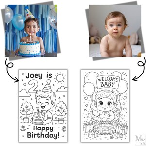 May include: Two photos of babies, one with a birthday cake and the other a baby. Two black and white coloring pages, one says "Joey is 2 Happy Birthday!" and the other says "Welcome Baby".