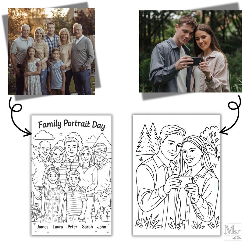 May include: A collection of images featuring family portraits and illustrations. One image shows a family posing outdoors. Another shows a couple looking at a phone. Two coloring pages depict families, one with the text "Family Portrait Day".