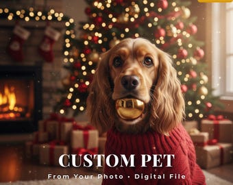 Custom Christmas Pet Portrait from Photo, Festive Holiday Art (Digital Gift)