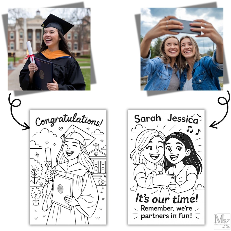 May include: A collage featuring two photographs and two black and white illustrations. The photographs show a graduate and two women taking a selfie. The illustrations read "Congratulations!" and "Sarah Jessica, It's our time! Remember, we're partners in fun!"