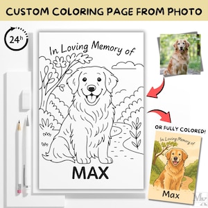 May include: A custom coloring page featuring a Golden Retriever dog, with the text "In Loving Memory of MAX." The image includes a black and white line drawing and a colored version. The text "CUSTOM COLORING PAGE FROM PHOTO" is at the top.
