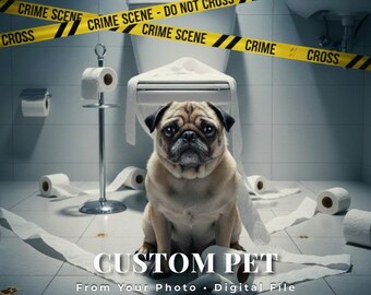 Custom Pet Portrait, Funny Bathroom Poster – Dog in Toilet Reading Newspaper, Pet Owner/Dog Lover Gift (Digital Download)