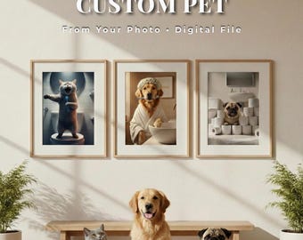 Personalized Pet Portrait in Bathroom, Funny Dog on Toilet Poster, Custom Pet Wall Art, Gift for Dog Mom Dad, Digital File