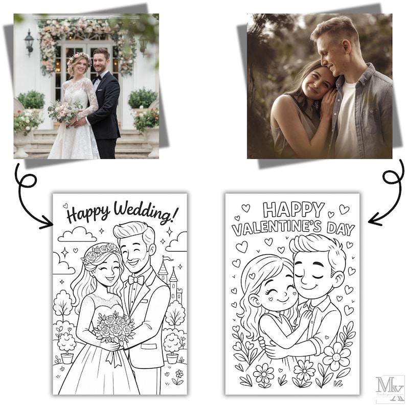 May include: Two coloring pages with romantic themes. One says "Happy Wedding!" and depicts a bride and groom. The other says "Happy Valentine's Day" and shows a couple embracing. Two photos of couples are also included.