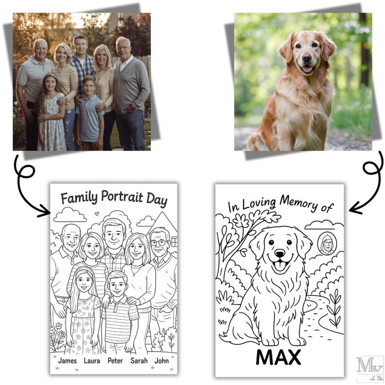 May include: The image features a family portrait and a golden retriever. The family portrait is a black and white coloring page with the text "Family Portrait Day" and names. The golden retriever is a photo and a coloring page with the text "In Loving Memory of MAX".