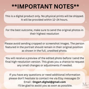 May include: A digital product notice with text in a light pink and white design. The text includes information about the product being digital, the delivery time, and instructions for sending photos. Contact information is also provided.