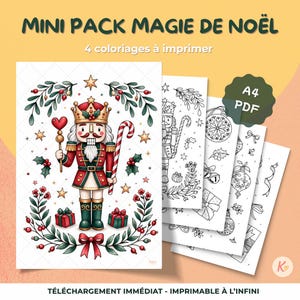 Könnte beinhalten: Ein digitaler Download mit einem Malbuch zum Thema Weihnachten. Das Cover zeigt einen festlichen Nussknacker in roter und grüner Uniform, umgeben von festlichen Elementen. Das Paket enthält vier ausdruckbare Malvorlagen.