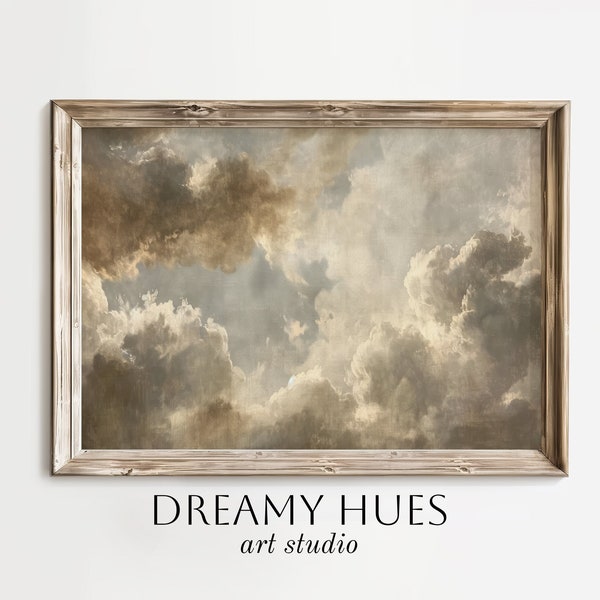 Vintage Cloud Wall Art | Beige Clouds Oil Painting | Neutral Nursery Decor Print | Calming Cottagecore Decor PRINTABLE Artwork (ART050)