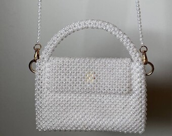 Handmade white beaded bag, LUXURY bag, Women Bead bag, Crystal Beaded Bag, shoulders bag, Women handbags