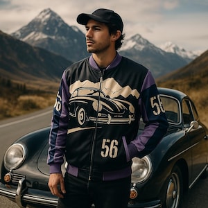 Porsche 356 inspired design Vintage racing jacket.  Bomber Jacket Unisex Bomber Jacket ( Black Bird )