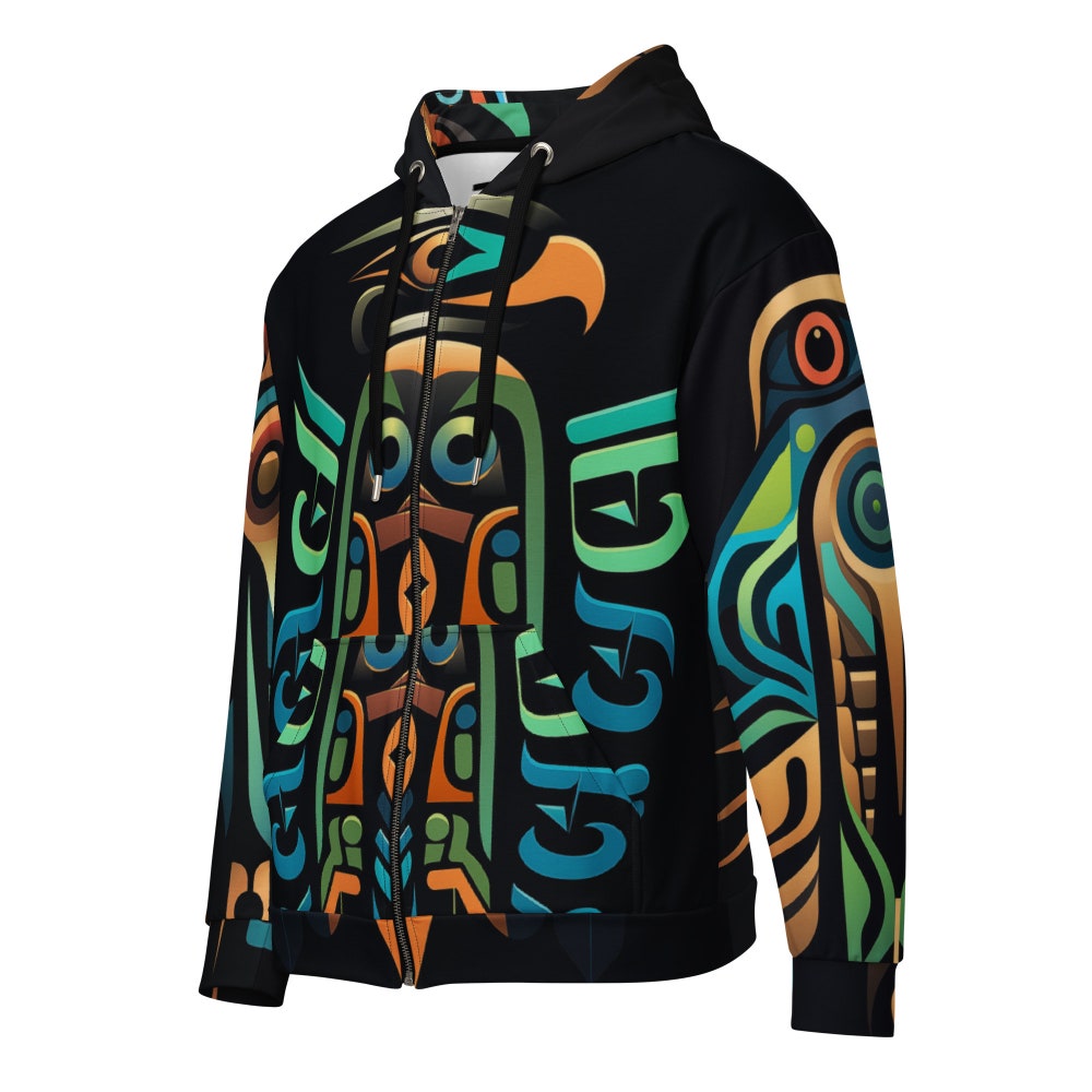 Shirtless Style Zip Hoodie Hawk Moon Black Aztec And West Coast Art , Cool Hoodies, Unique Hoodies Design ,Unique Hoodies, Cool Hoodies,