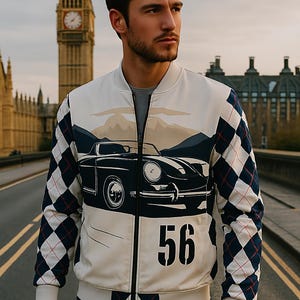 Porsche 356 inspired design Vintage racing jacket.  Bomber Jacket Unisex Bomber Jacket ( Stg. Peppers )