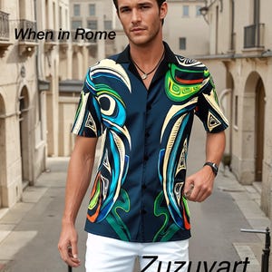 Club button shirt native art Aztec inspired design Tropical shirts, dress shirt, art shirts