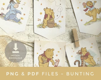 Winnie the Pooh printable banner, birthday party decoration, pooh bear baby shower, Woodland digital file