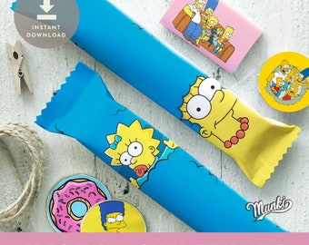 Envoltorios de golosinas imprimibles de Los Simpson, archivos PDF y PNG, decoración de la barra de dulces de la fiesta de cumpleaños de Homer, archivos de descarga instantánea de Marge