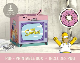 Caja imprimible de Simpsons TV, archivo de descarga PNG de Homer, favor de fiesta de cumpleaños en PDF, recursos digitales de Simpsons, suministros para fiestas de Simpsons