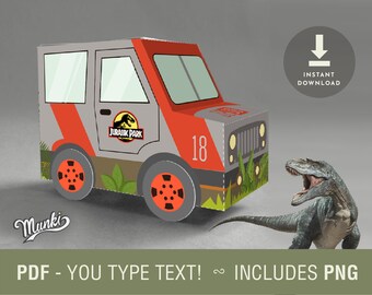 Jurassic Park Party Treat Box, cumpleaños PDF Dinosaurs Truck box, escriba su texto, texto editable del cuadro Jurassic Printable, archivo Acrobat Reader