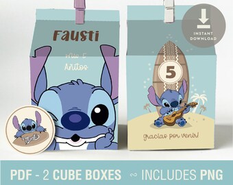 Caja de fiesta imprimible de Stitch, archivos PDF y PNG de plantilla Milkbox, caja de regalo de cumpleaños de Stitch, favor de fiesta de Stitch, descarga instantánea