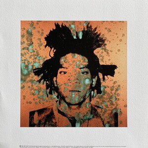 May include: A black and white portrait of a man with a spiky afro hairstyle. The background is a vibrant orange with blue and green splatter paint.