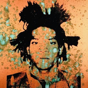 May include: A black and white portrait of a man with a messy afro hairstyle. The background is a textured orange with blue and green splatter paint.