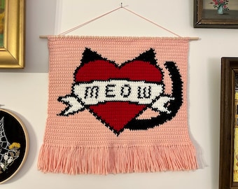 Meow Heart Banner Crochet Tapestry / Wall Hanging PATTERN