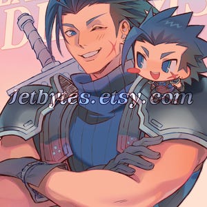 May include: Digital illustration of a smiling anime-style character with blue hair and a sword, accompanied by a smaller chibi version. The image has text that reads "EMBRACE YOUR DREAMS" and "Jetbytes.etsy.com".