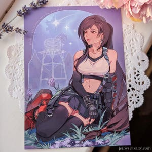 May include: A print featuring a female anime character in a white and black top, black skirt, and red boots, kneeling in a field of purple flowers. A water tower and the text "promise you'll come save me, all right?" are visible.