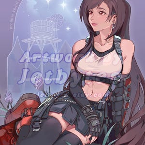 May include: A digital illustration of a character with long dark brown hair, wearing a white crop top, a dark pleated skirt, black arm warmers, and red boots. The background features a water tower, stars, and the text, promise you'll come save me, all right?