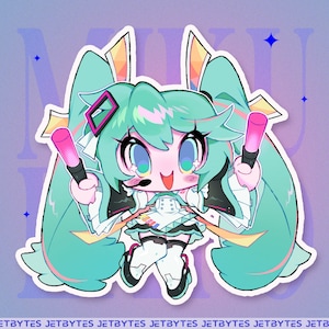 May include: A sticker featuring a cartoon illustration of a green-haired anime character with large eyes, a pink and white outfit, and holding two glowing pink light sticks. The character is set against a purple background with white stars.