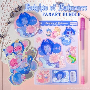 Puede incluir: Un paquete de fan art con un botón, una hoja de pegatinas y pegatinas con ilustraciones de un personaje de piel azul con pelo azul y detalles rosas. El texto "Knights of Guinevere" y "Fanart Bundle" es visible.