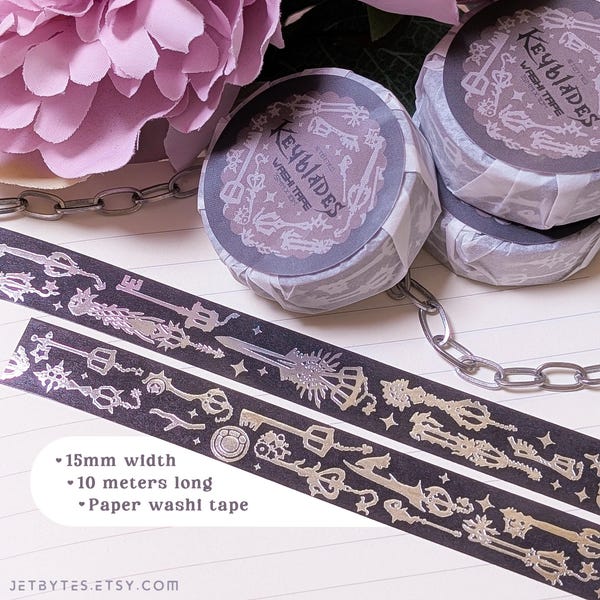Kingdom Hearts Washi Tape, Silver Foil, 10 Meters long, Keyblades, Anime Gaming Stationary