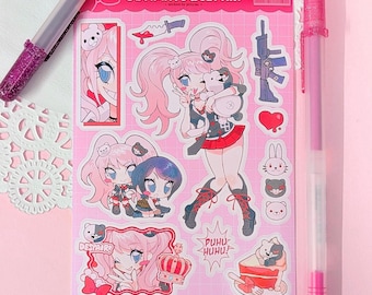 Danganronpa A6 Sticker Sheet, Junko Enoshima, Mukuro Ikusaba, Monokuma
