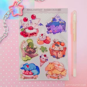 May include: A sheet of stickers featuring characters from the Final Fantasy video game series. The stickers are designed to look like bakery treats, with characters like Chocobo, Moogle, and Shiva depicted as cakes, pies, and other desserts. The stickers are printed on clear vinyl and are perfect for adding a touch of whimsy to laptops, water bottles, or other surfaces.