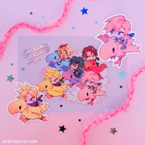 チョコボレーシング プリント＆ステッカー、A6 ちびファイナルファンタジー、クラウド、ライトニング、ノクティス、ティーダ、スコール、ポストカード