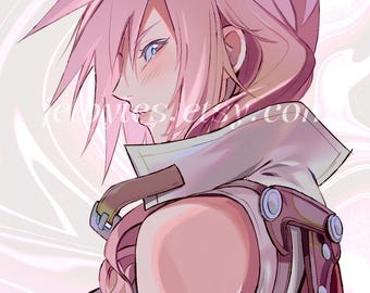Op de afbeelding: Anime-achtige illustratie van een personage met roze haar en blauwe ogen, gekleed in een witte en roze outfit. De afbeelding heeft een zachte, artistieke stijl met het Romeinse cijfer XIII rechtsboven. Het personage is in profiel.