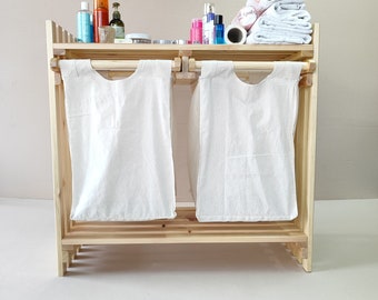 Panier à linge détaillé en bois, idée d'organisation de salle de bain, panier avec organisateur, panier sale polyvalent et étagère, panier sale en bois