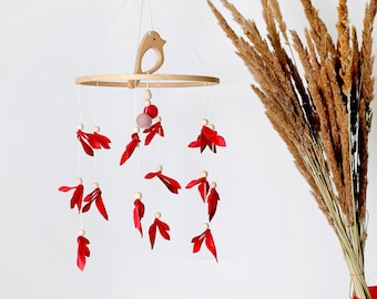 Bird style baby crib mobile, Red nursery baby mobile, Mobile Felt, Handmade mobile, Minimalist mobile