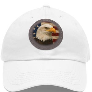 Hat, Patriotic Bald Eagle American Flag Cap, Dad Hat with Leather Patch, Round Dad Cap, Baseball Hat, Independence Day Gift.
