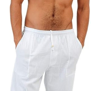 Beach Pants | men's elastic waist | White casuals | mens drawstring harem pants