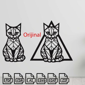 Geometric Cat (2pcs) cut svg dxf file wall sticker pdf silhouette template cnc cutting router digital vector instant download