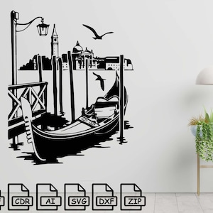 Gondola in Venice wall art cut svg dxf file wall sticker pdf silhouette template cnc cutting router digital vector instant download