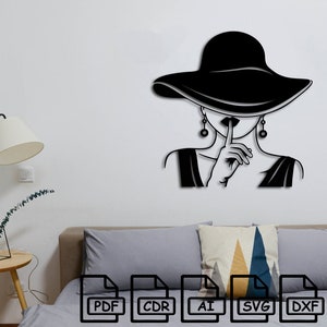 Rostro de mujer, silueta femenina cortada en formato svg, dxf, archivo de calcomanía de pared, plantilla de silueta en pdf, enrutador de corte cnc, descarga instantánea de vector digital
