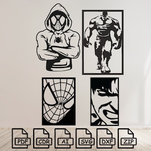 Może przedstawiać: Cyfrowy plik do pobrania sześciu plików wektorowych do cięcia wzorów z Spidermanem i Hulkiem. Pliki są dostępne w formatach PDF, CDR, AI, SVG, DXF i ZIP.