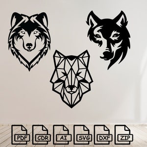 Op de afbeelding: Drie zwarte wolfskopontwerpen in verschillende stijlen. De ontwerpen zijn beschikbaar voor digitale download in de formaten PDF, CDR, AI, SVG, DXF en ZIP.