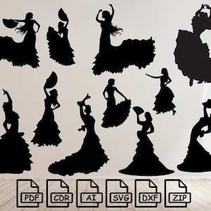 Peut inclure: Silhouettes de huit danseuses de flamenco en noir sur fond blanc. Les danseuses sont dans différentes poses, les bras tendus et les jupes flottantes. L'image est un téléchargement numérique de fichiers vectoriels aux formats PDF, CDR, AI, SVG, DXF et ZIP.